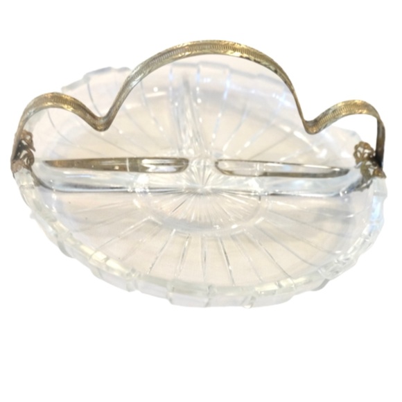 VINTAGE DEPRESSION GLASS~ORNATE BRASS BANDED ~THREE COMPARTMENT RELISH DISH~6.4" - Picture 2 of 8